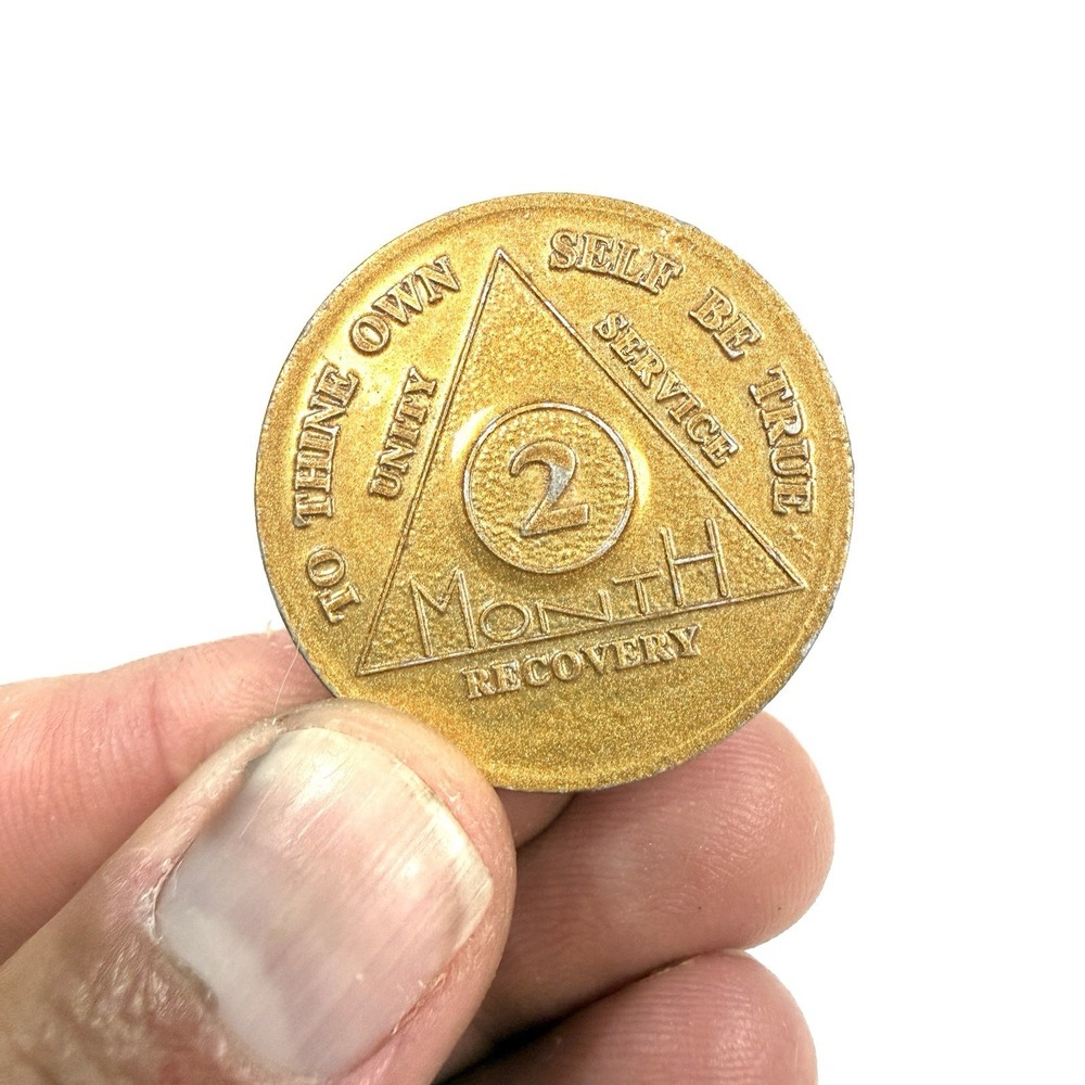AA Recovery Medallion‎ 2 Month Gold Sobriety Chip To Thine Own Self Be True